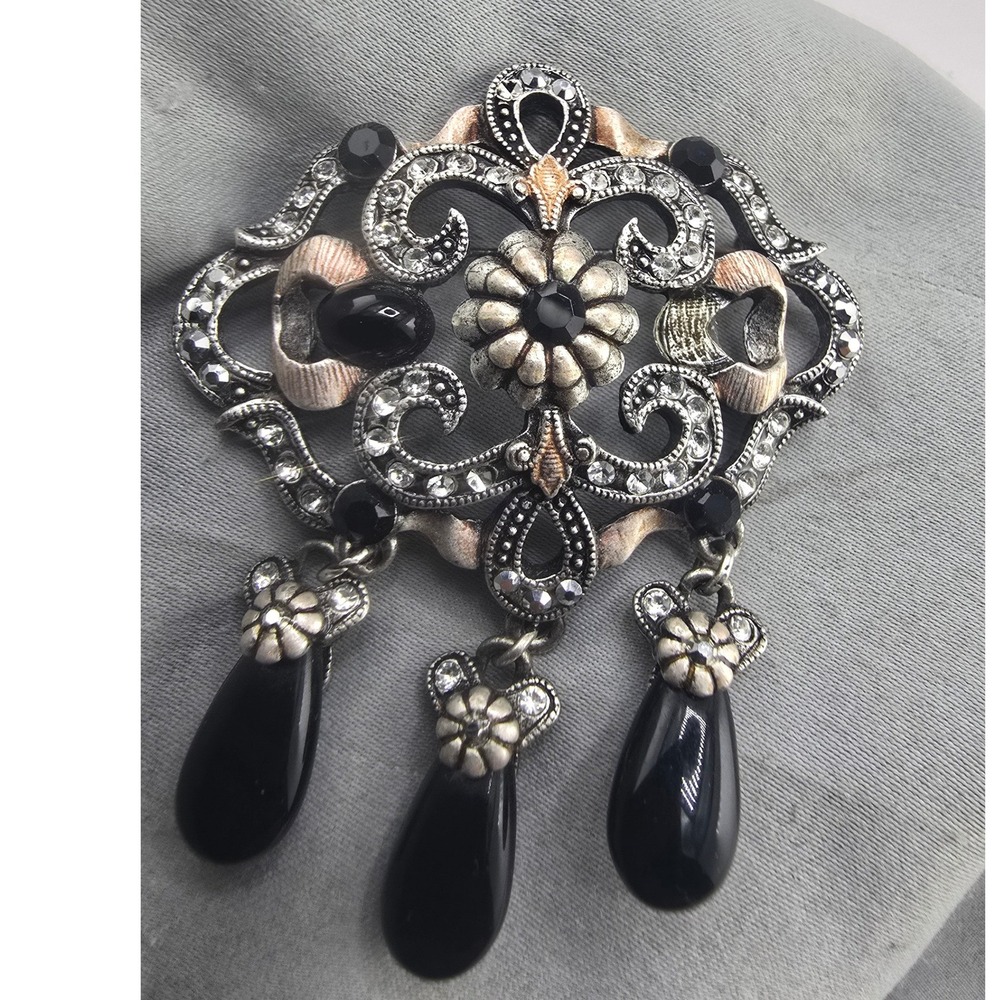 Sweet Romance Brooch Silver Tone Black Dangle Crystal Filigree 2in